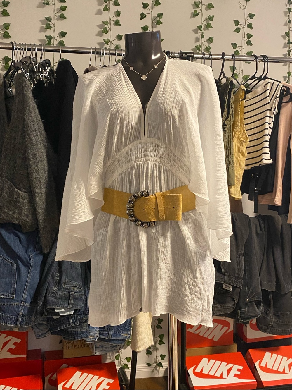 Tan Suede Belt with Silver Beaded Rounded Buckle